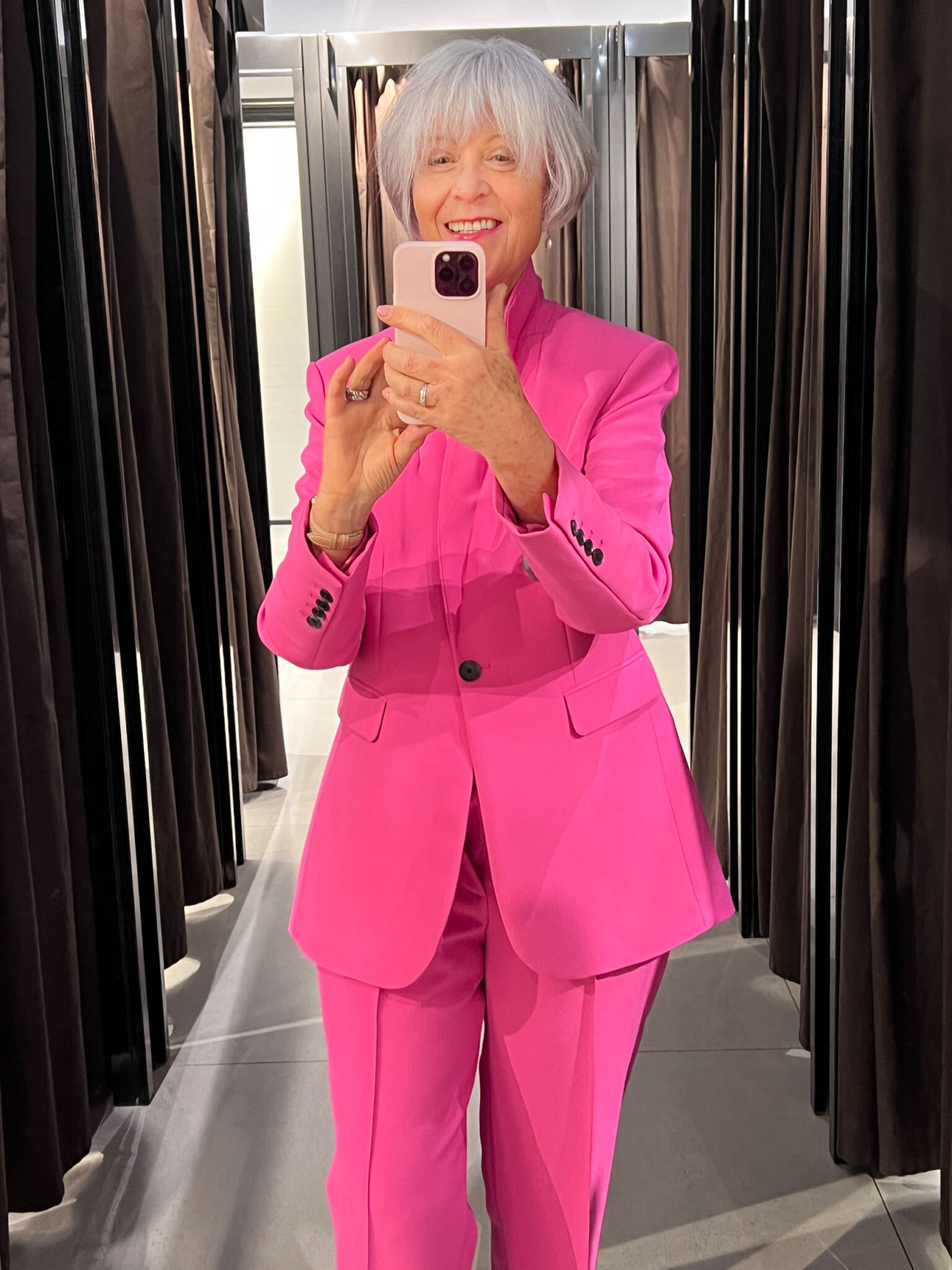 Pink trouser suit Zara Bentall centre