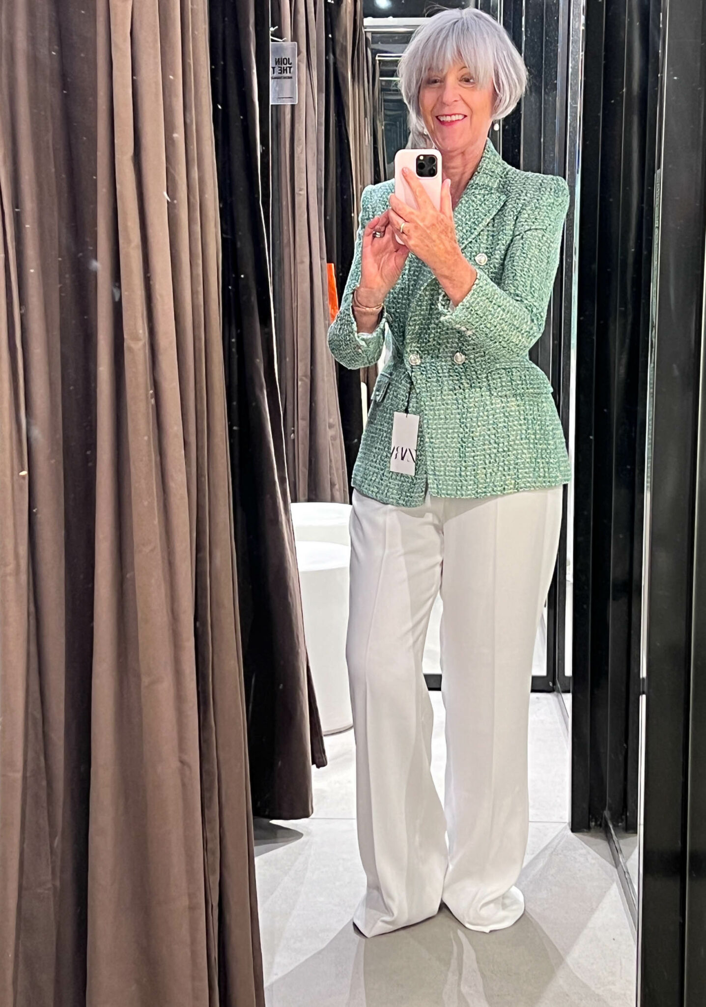 Green jacket and white trousers Zara Bentalls Centre
