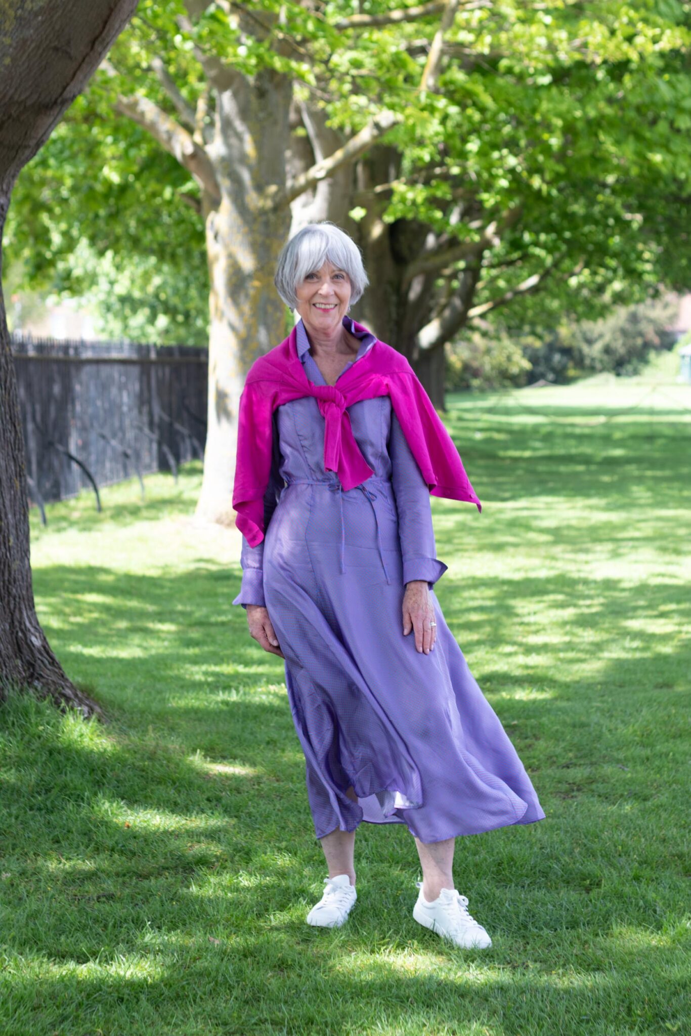 Arket purple dress and Cos pink cardigan white trainers