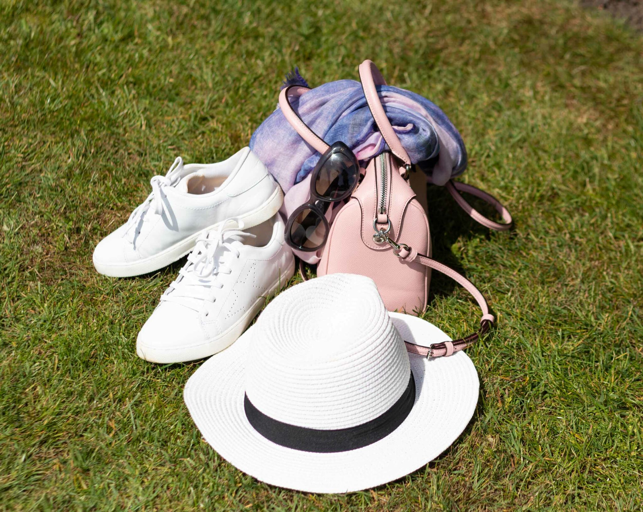 Pavers white trainers, white hat, pink bag and scarf