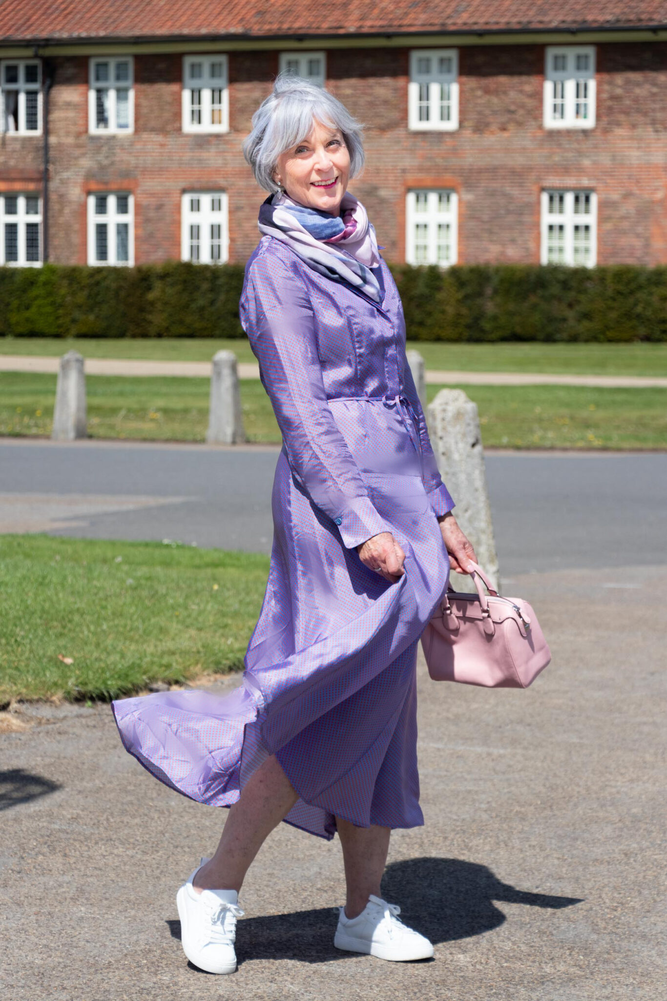Summer maxi dress, scarf, trainers and pink bag