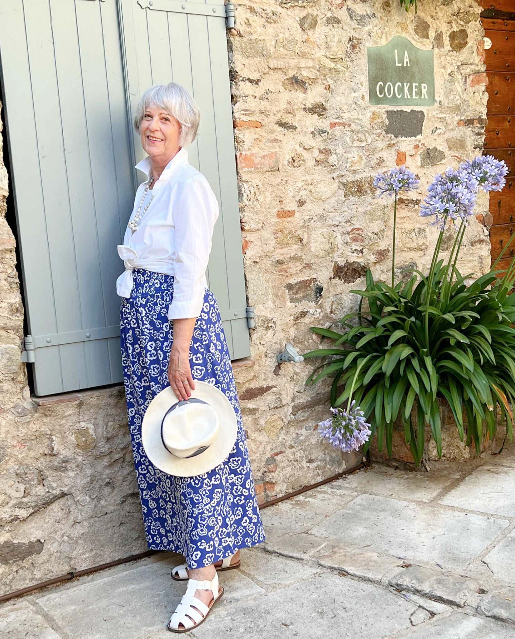 Blue print maxi skirt and white shirt