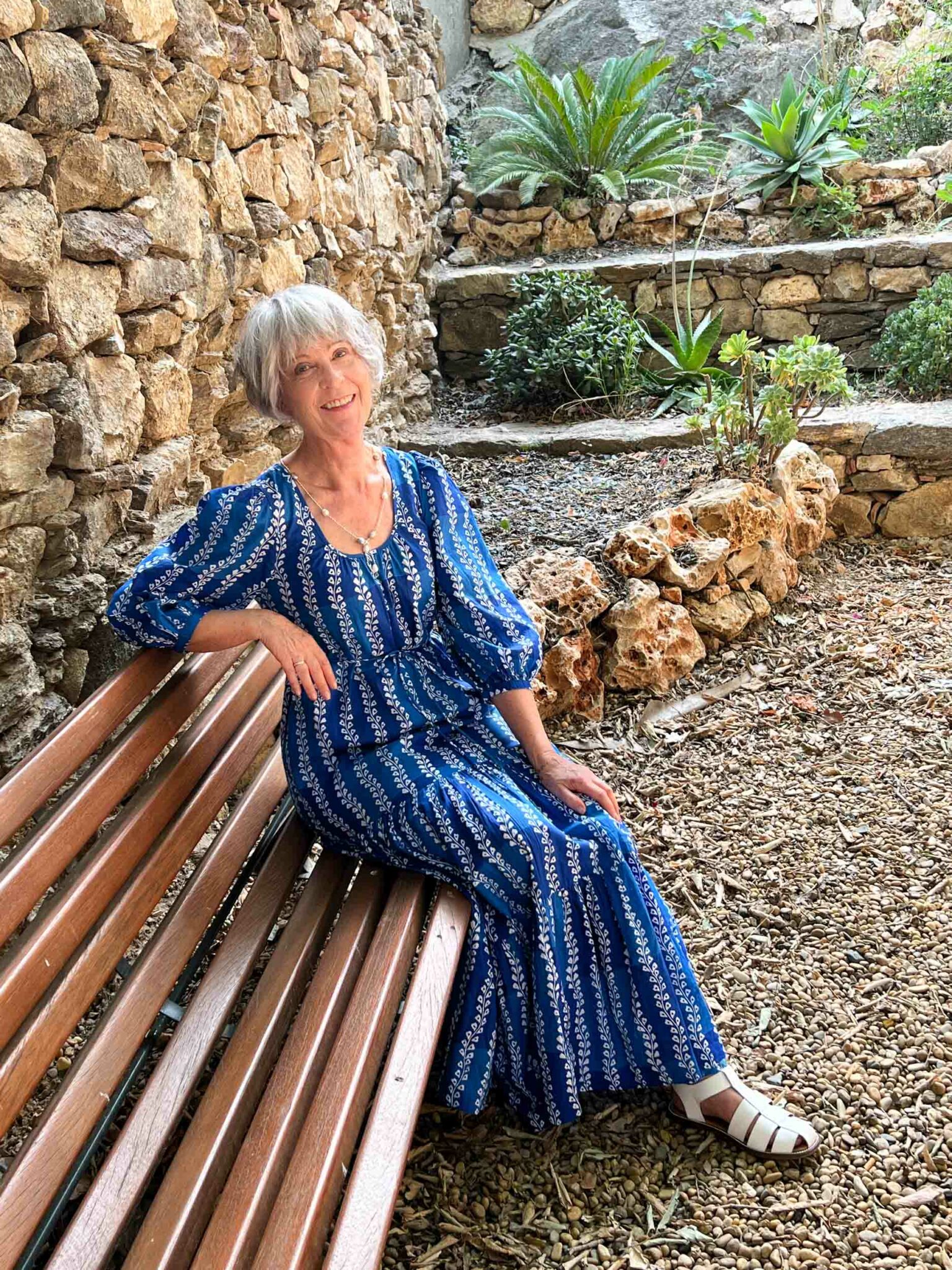 Blue maxi dress and white sandals Grimaud June 22