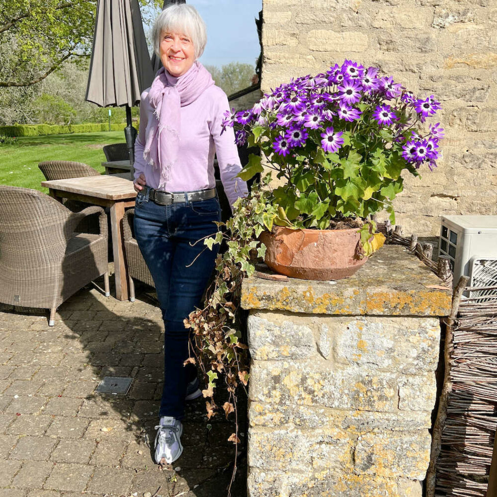 Lilac roll neck sweater and jeans