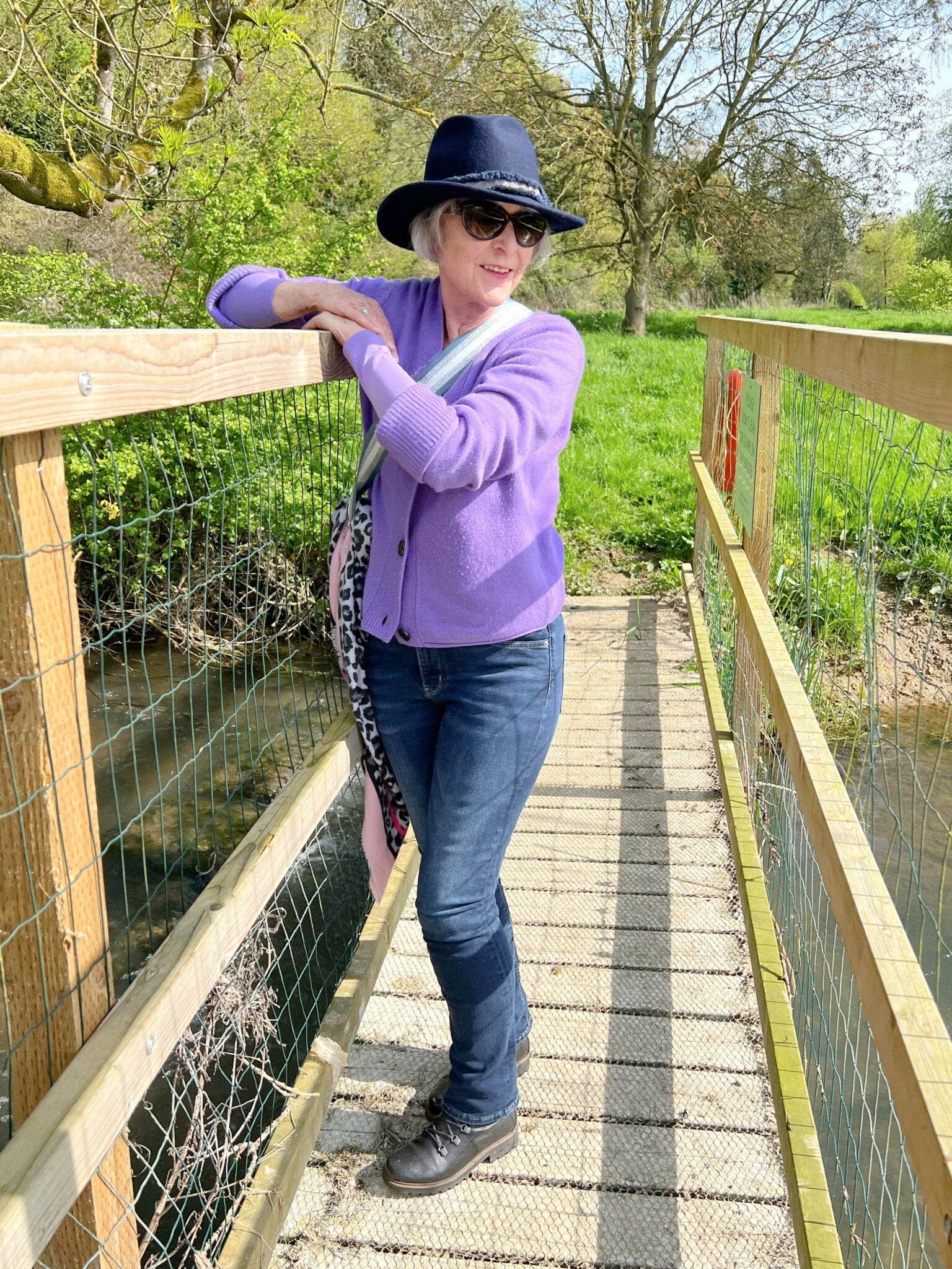 Purple cashmere cardigan hat and jeans