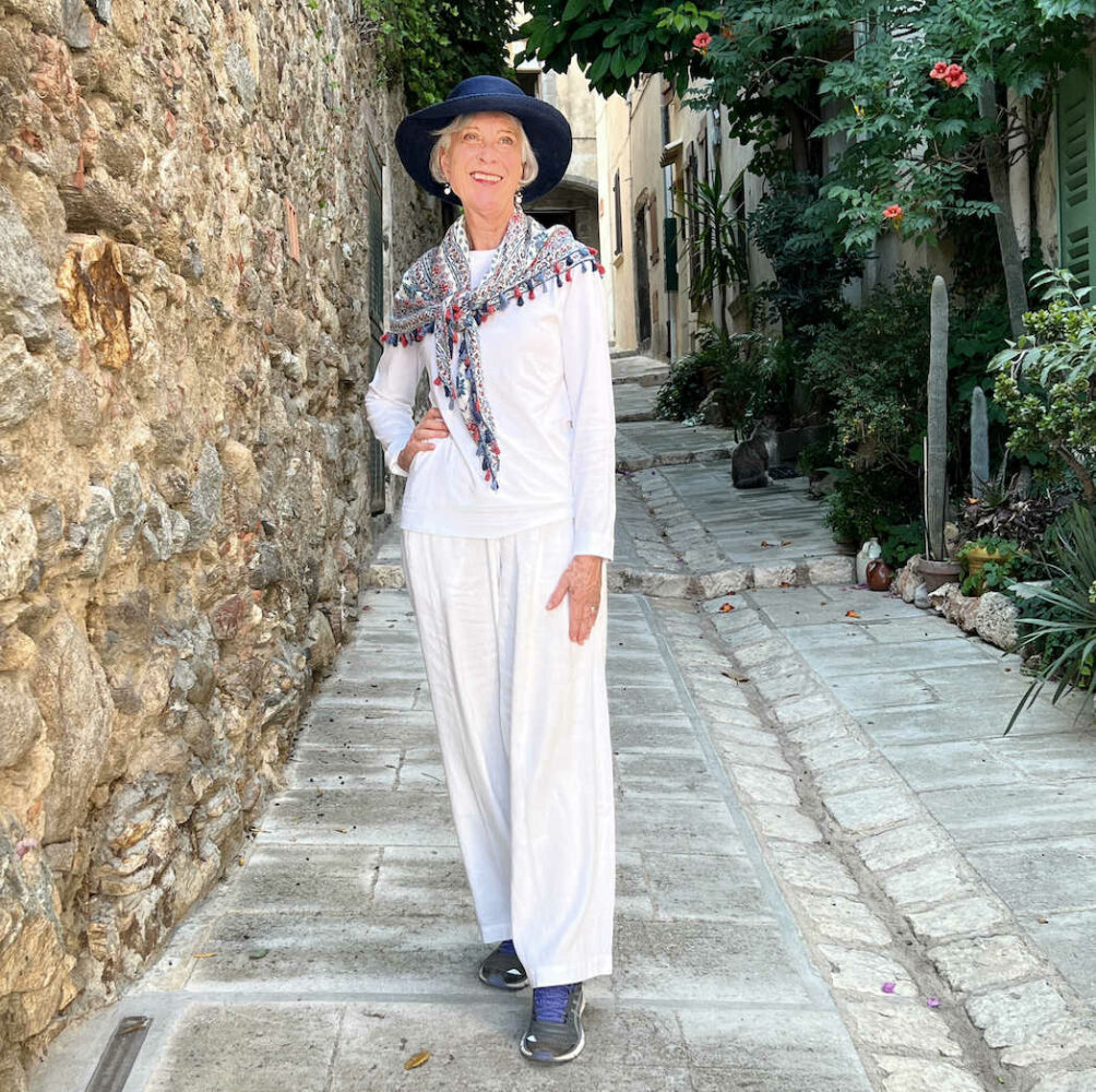 White linen trousers and top Grimaud village