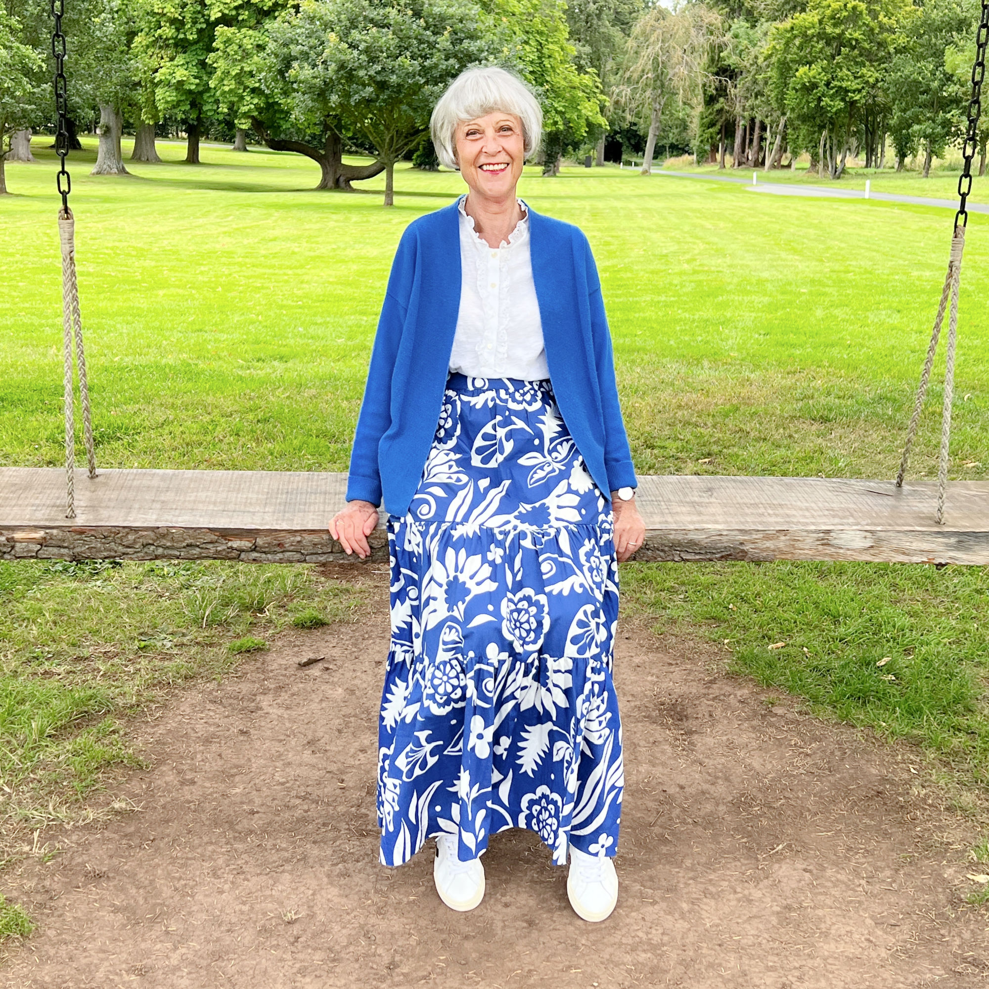 Blue print Boden skirt and blue cardigan