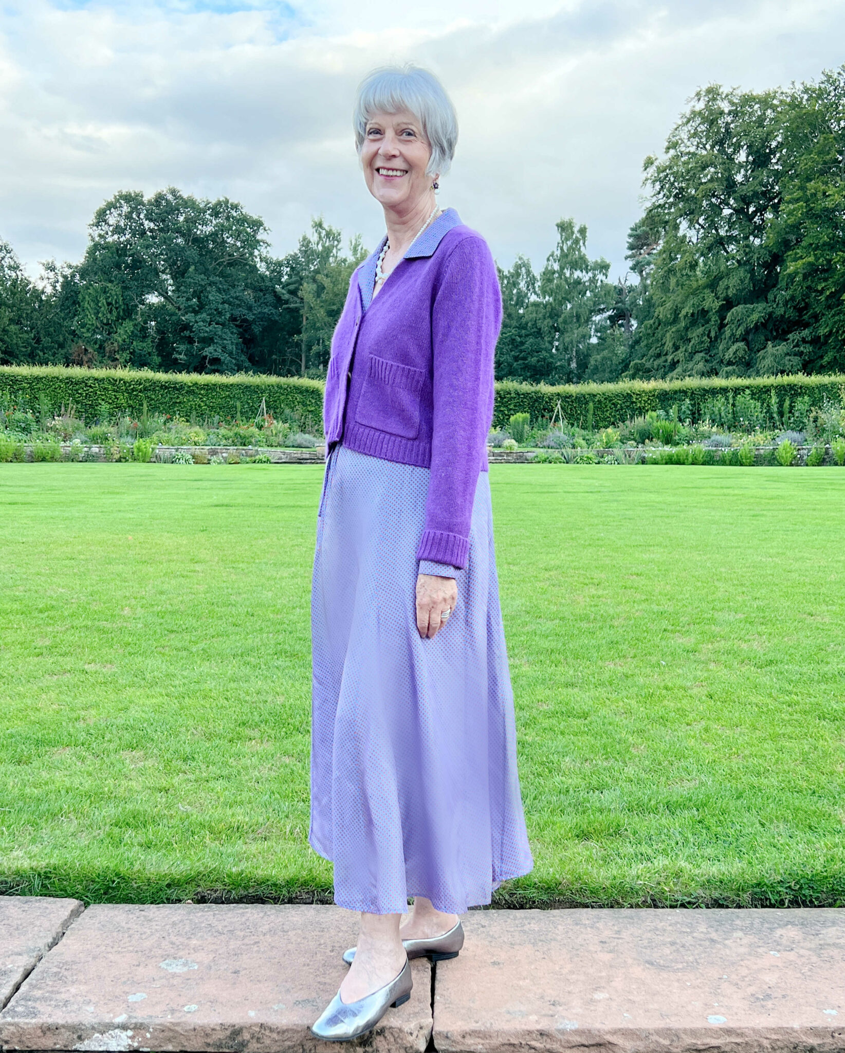 Lilac dress and cashmere cardigan